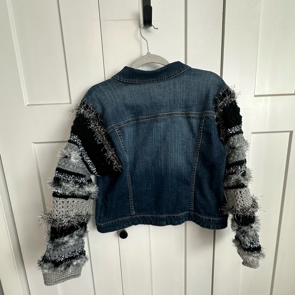 Upcycled Women's Denim Jacket with  Crocheted Textured Sleeves - m/l - Picture 4 of 9
